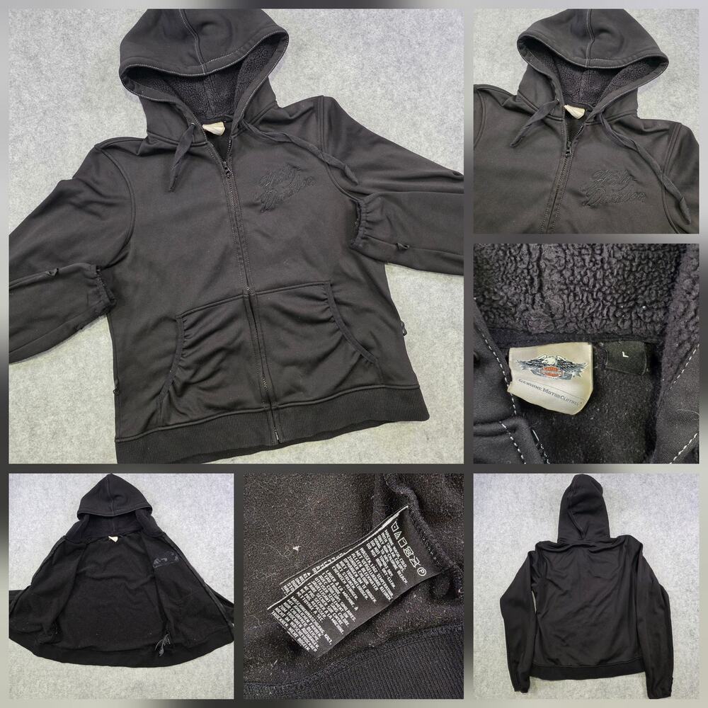 Harley Davidson Hoodie Womens Large Black Full Zip Fleece Motorcycle Jacket